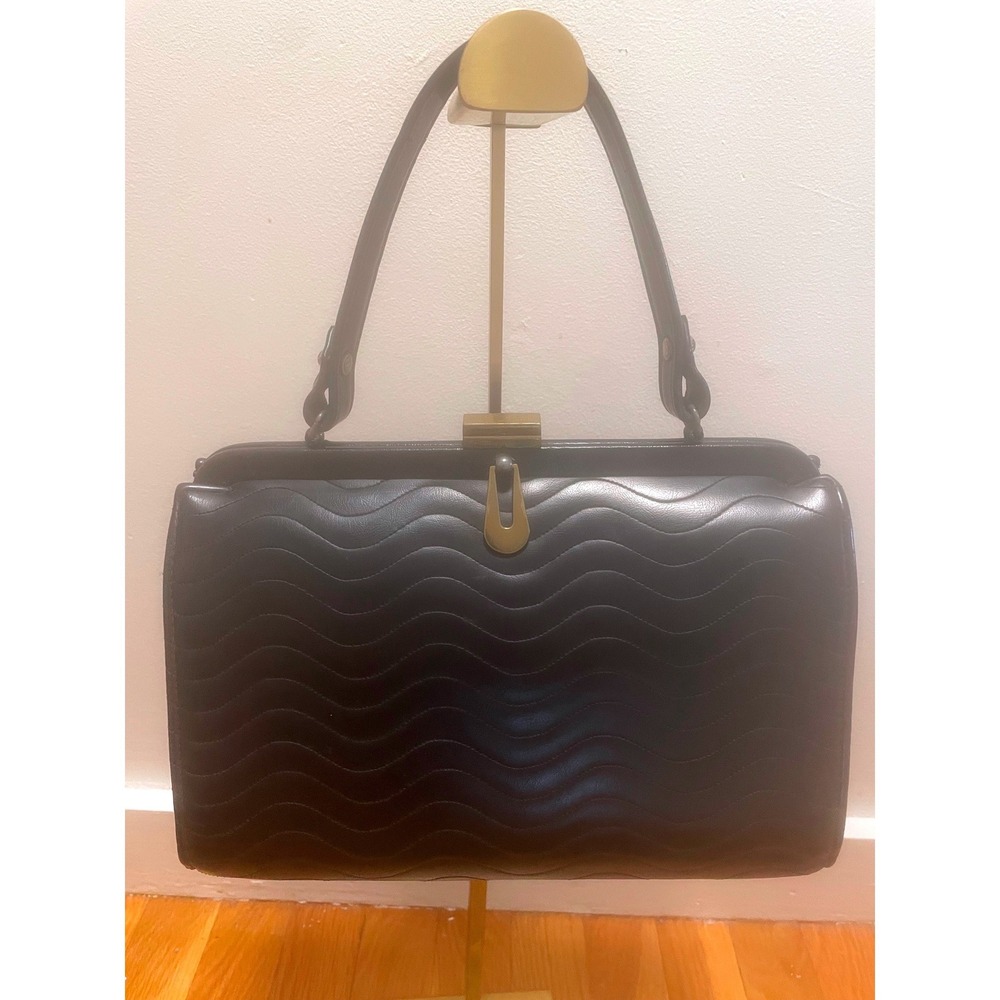 Vintage Frame Bag Navy Top Handle Gold Hardware Kiss Lock Wavy Quilted